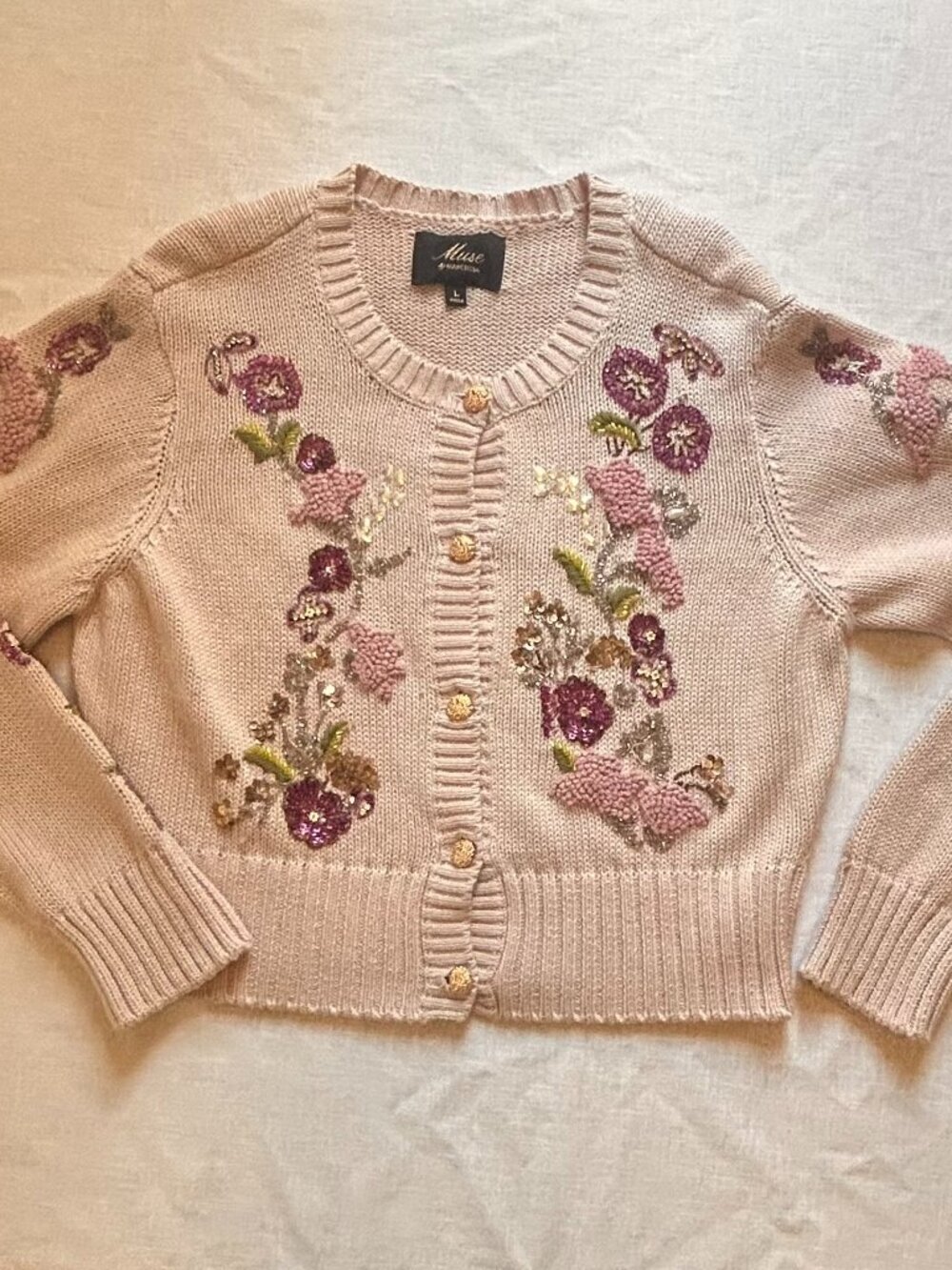 Muse by Marchesa lilac color cardigan, size L, beaded detail, unique!